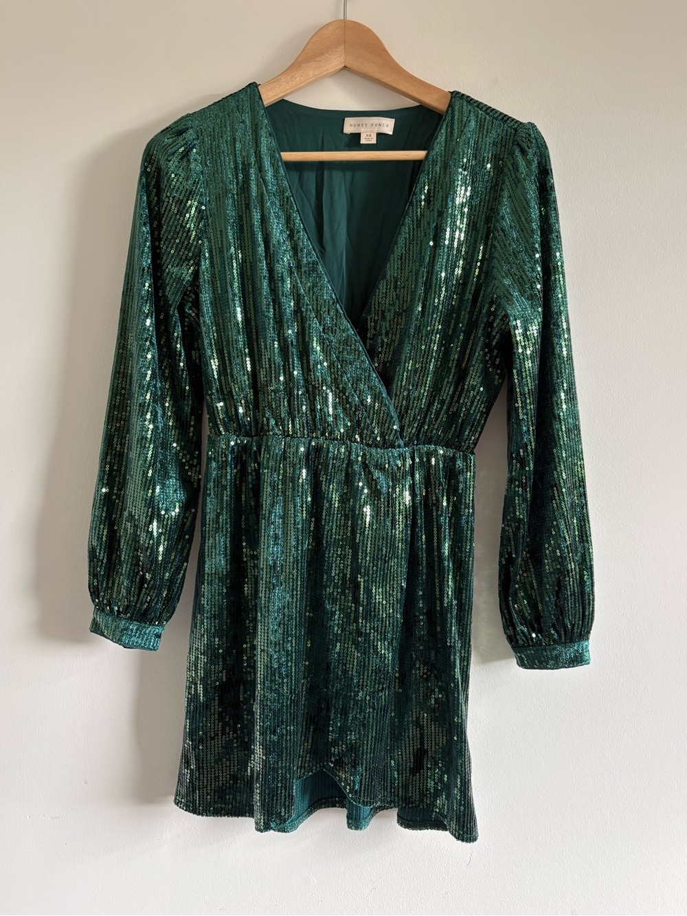 Honey Punch Emerald Green Sequin faux-Wrap Mini Dress Sz XS